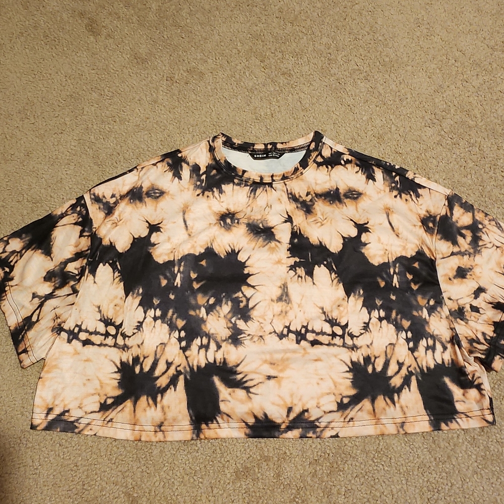 SHEIN - Black and Tan Tie-Dye Short Sleeve Crop Top - Small